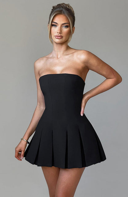 Vestido Mini Negro Plisado Corsé Bruna