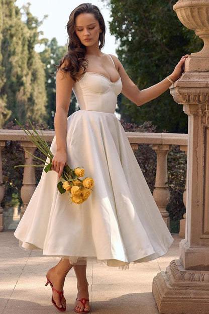 Vestido Midi Blanco Tul Escote Cintia