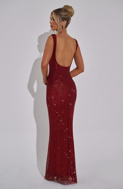 Vestido Maxi Rojo Vino Malla Pedrería Paola