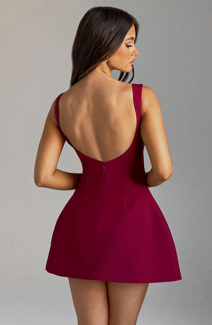Vestido Corto Rojo Vino Crepé Abullonada Laura