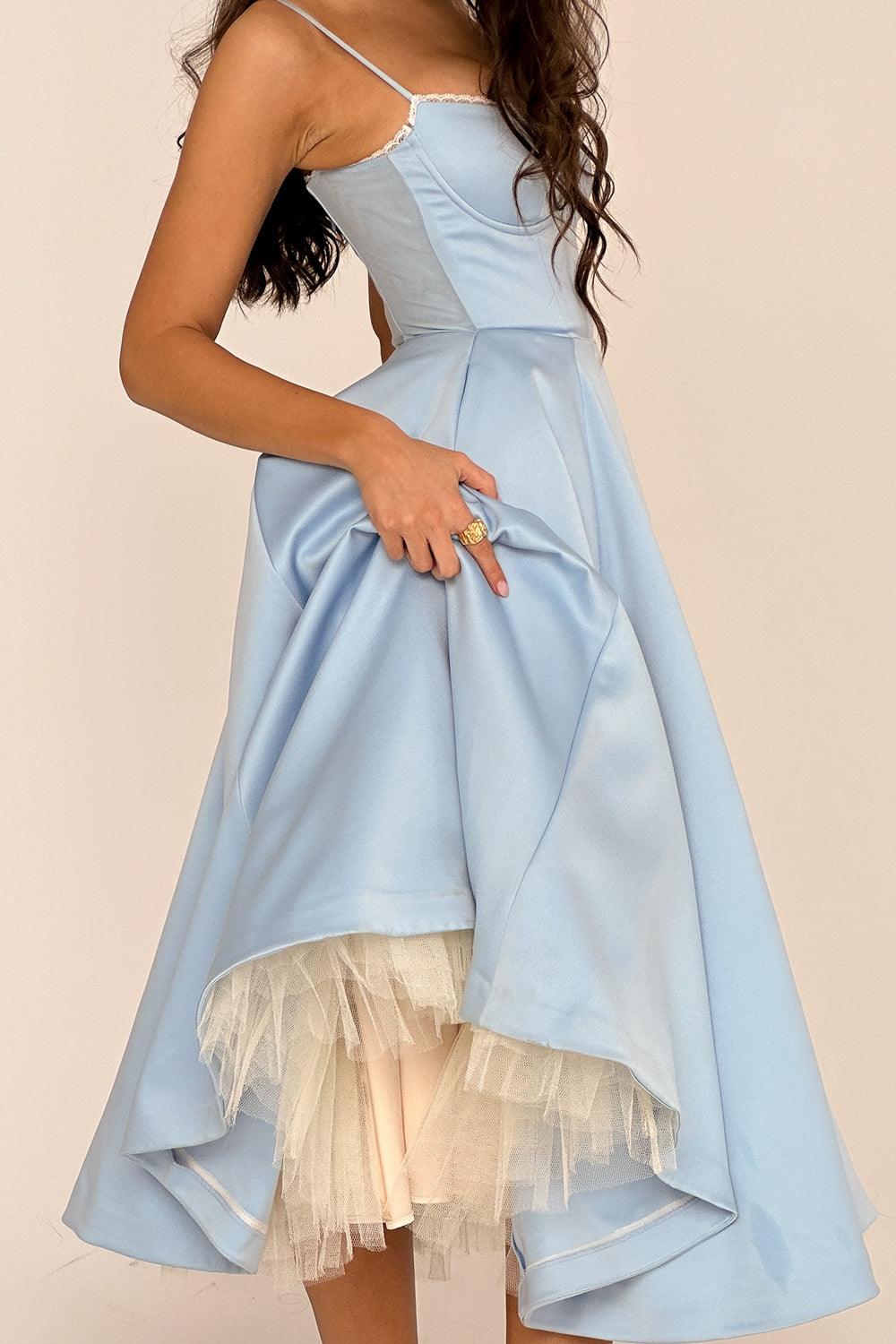 Vestido Midi Azul Tul Escote Cintia