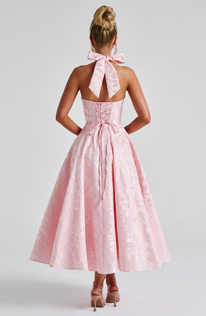Vestido Midi Rosa Jacquard Halter Lupita