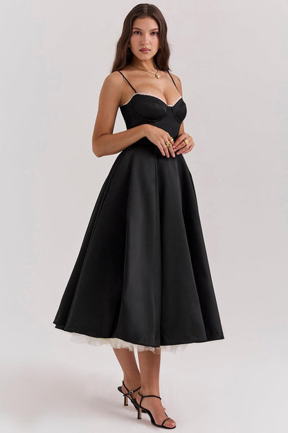 Vestido Midi Negro Tul Escote Cintia