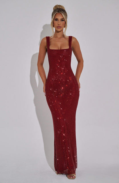 Vestido Maxi Rojo Vino Malla Pedrería Paola