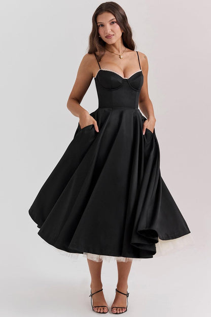 Vestido Midi Negro Tul Escote Cintia