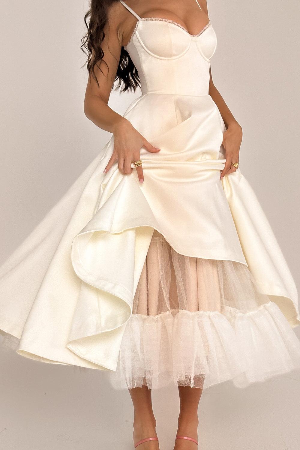 Vestido Midi Blanco Tul Escote Cintia