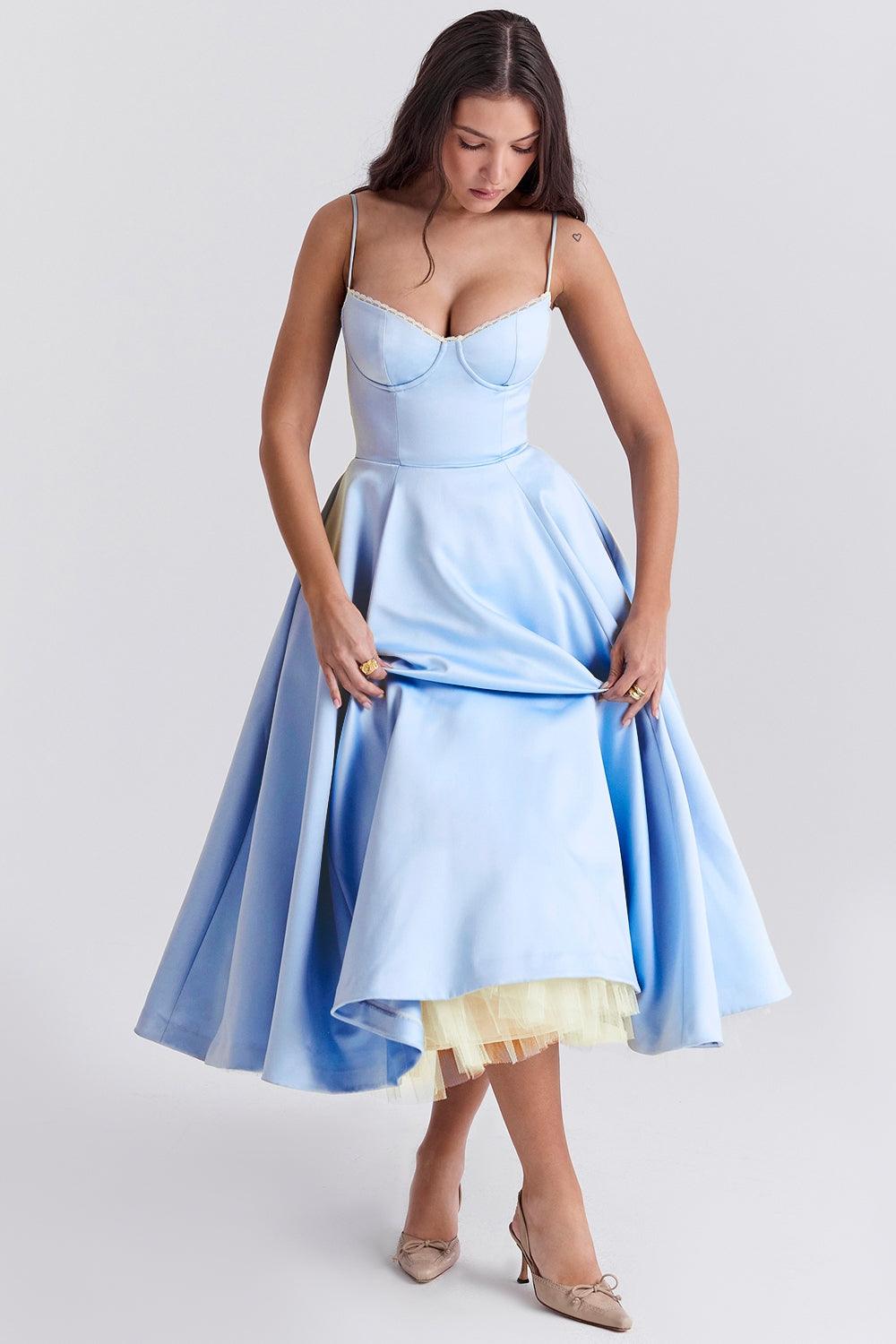 Vestido Midi Azul Tul Escote Cintia