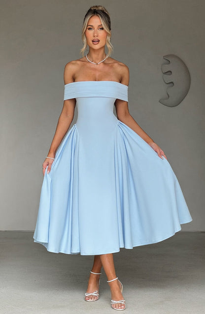Vestido Midi Azul Cielo Bardot Tul Marisa