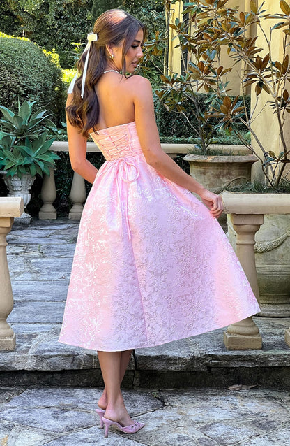 Vestido Midi Rosa Jacquard Corsé Sara