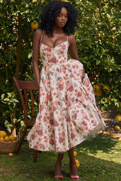 Vestido Midi Floral Rosas Cintia