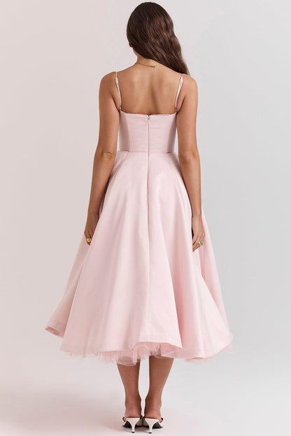 Vestido Midi Rosa Tul Escote Cintia