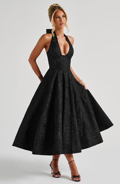 Vestido Midi Negro Jacquard Halter Lupita