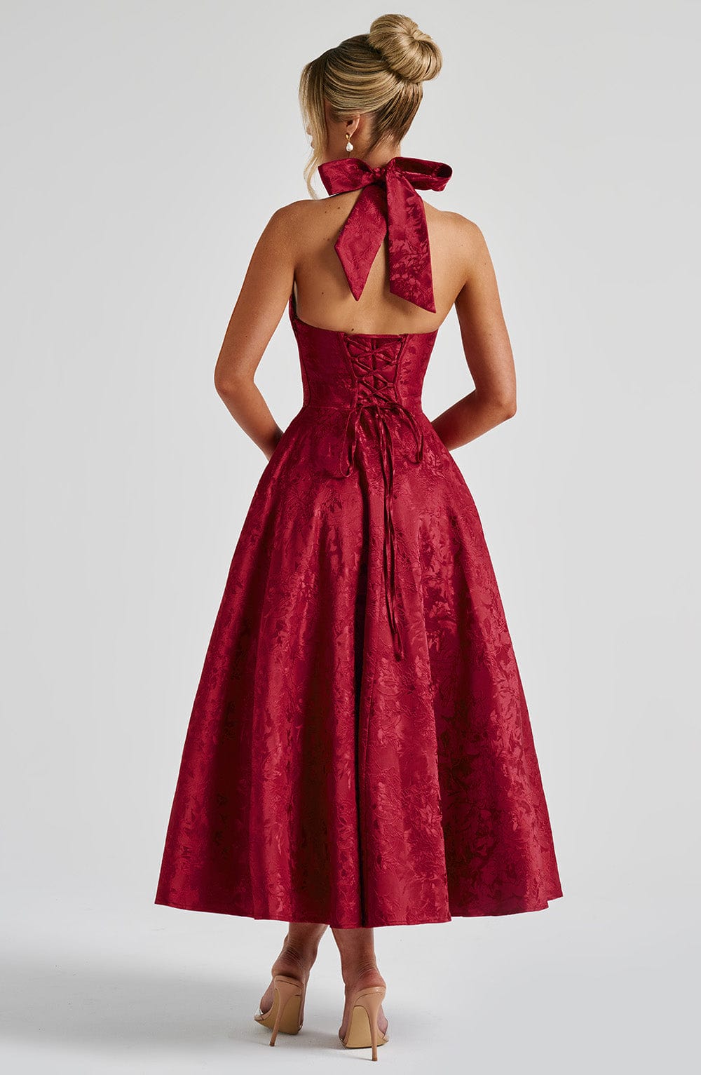 Vestido Midi Rojo Jacquard Halter Lupita