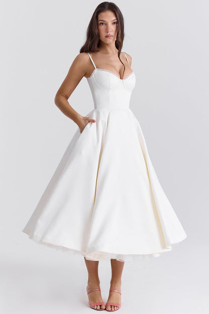Vestido Midi Blanco Tul Escote Cintia