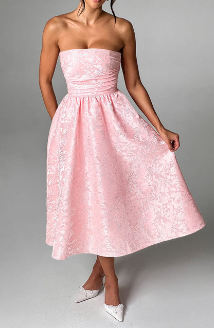 Vestido Midi Rosa Jacquard Corsé Sara