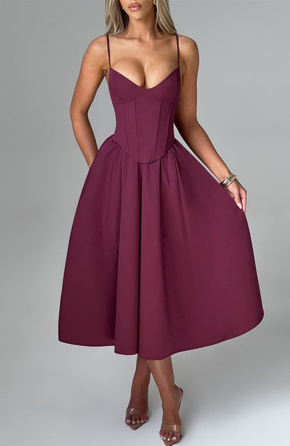 Vestido Midi Vino Voilé Corsé Camila
