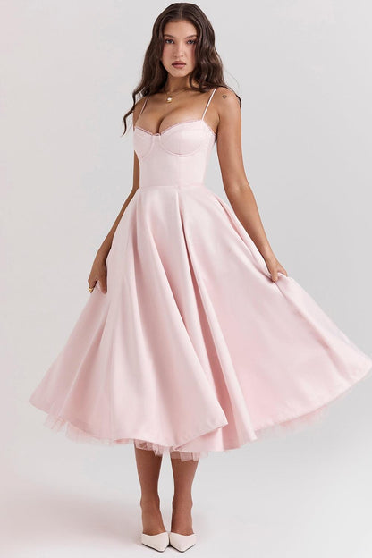 Vestido Midi Rosa Tul Escote Cintia