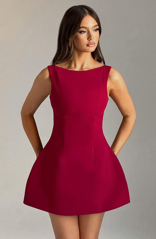 Vestido Corto Rojo Vino Crepé Abullonada Laura