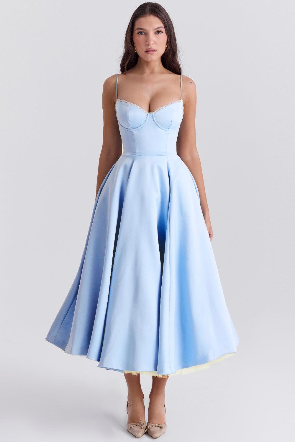 Vestido Midi Azul Tul Escote Cintia