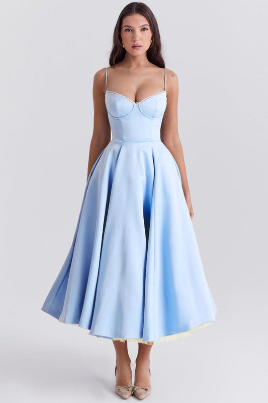 Vestido Midi Azul Tul Escote Cintia