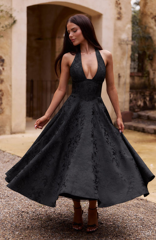 Vestido Midi Negro Jacquard Halter Lupita