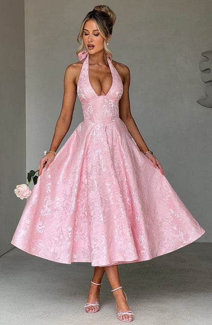 Vestido Midi Rosa Jacquard Halter Lupita