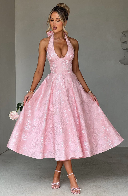 Vestido Midi Rosa Jacquard Halter Lupita