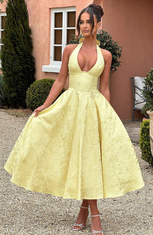 Vestido Midi Amarillo Jacquard Halter Lupita
