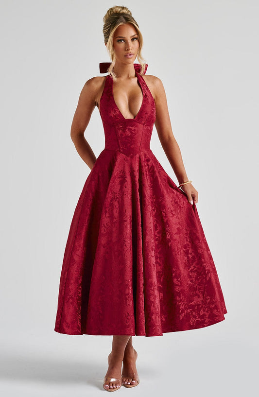 Vestido Midi Rojo Jacquard Halter Lupita