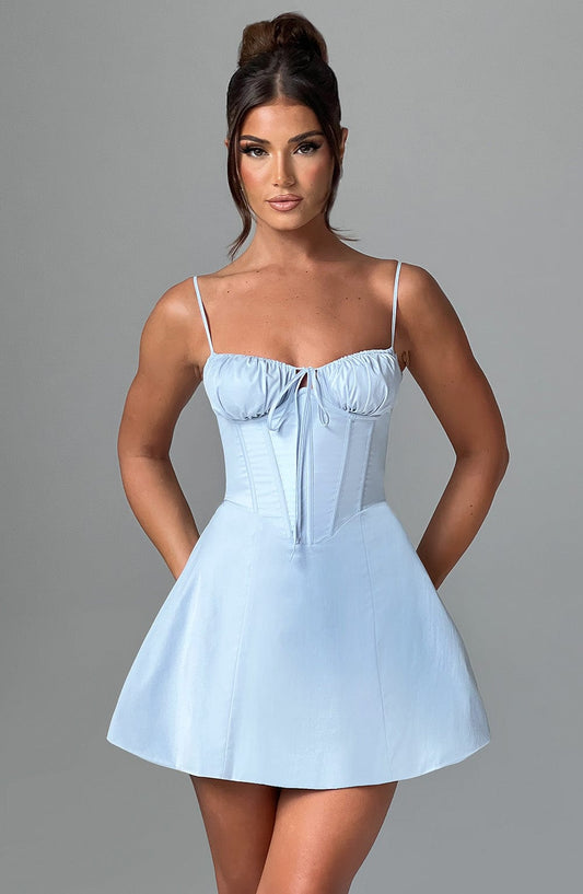 Vestido Mini Azul Claro Algodón Corsé Carmen