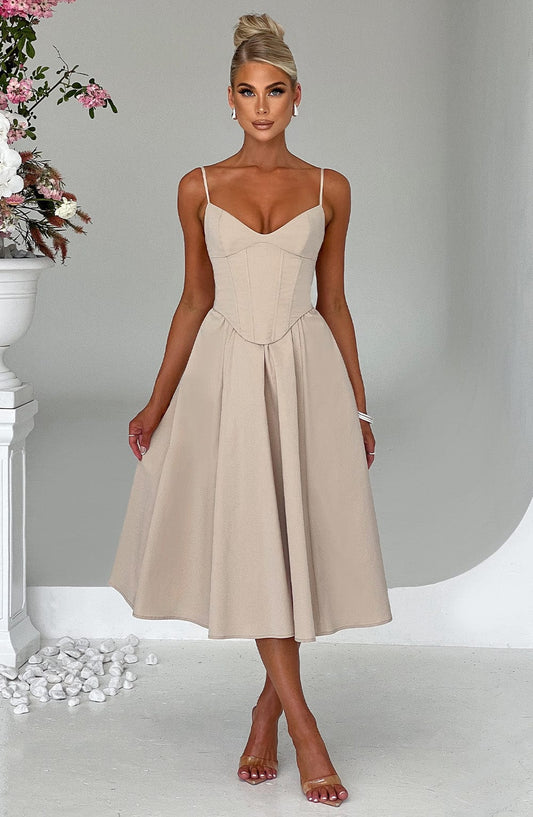 Vestido Midi Beige Voilé Corsé Camila