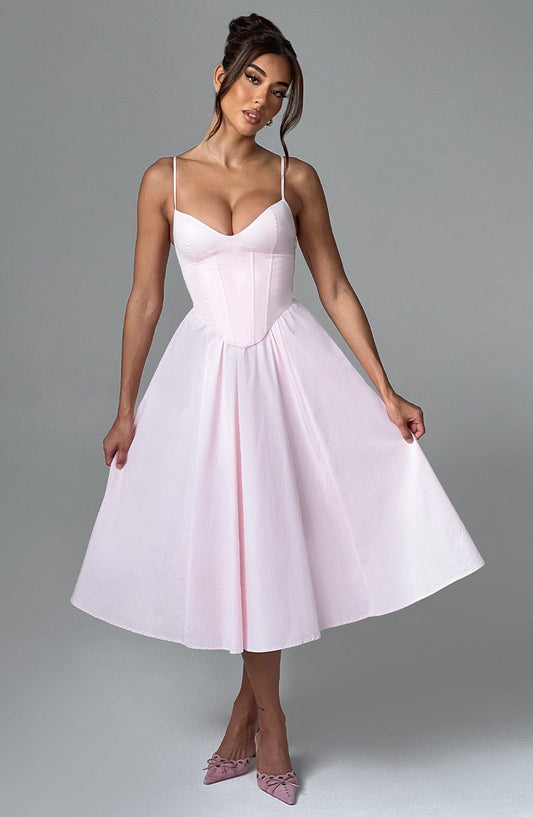 Vestido Midi Rosa Claro Voilé Corsé Camila