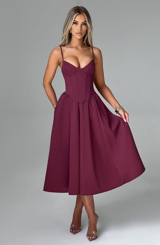 Vestido Midi Vino Voilé Corsé Camila