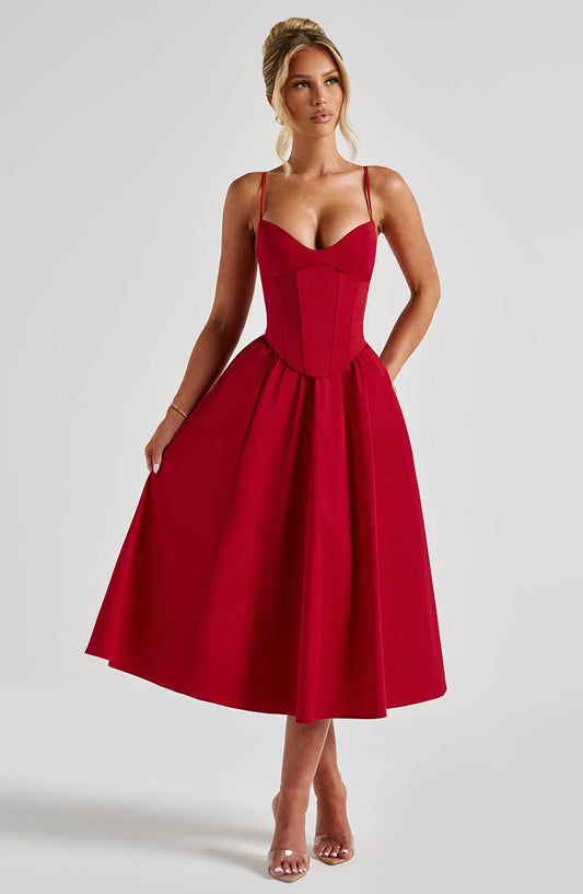 Vestido Midi Rojo Voilé Corsé Camila