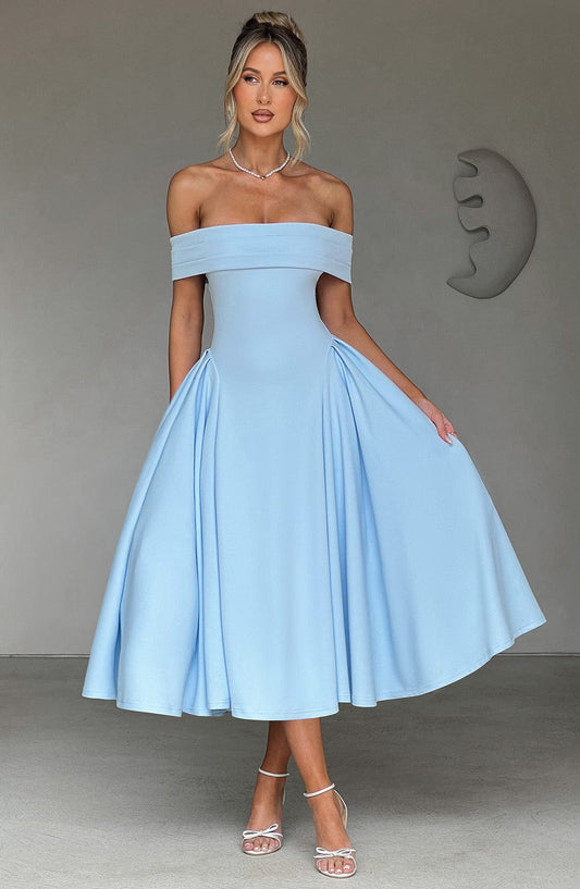 Vestido Midi Azul Cielo Bardot Tul Marisa