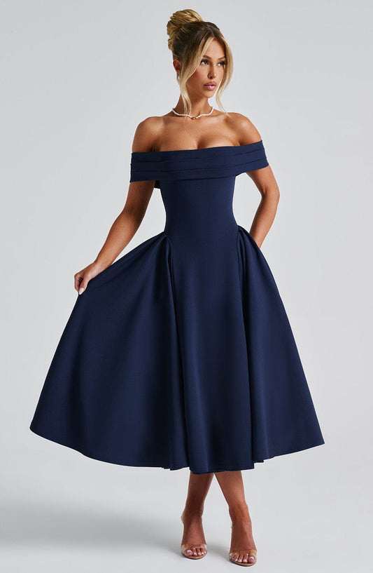 Vestido Midi Azul Marino Bardot Tul Marisa