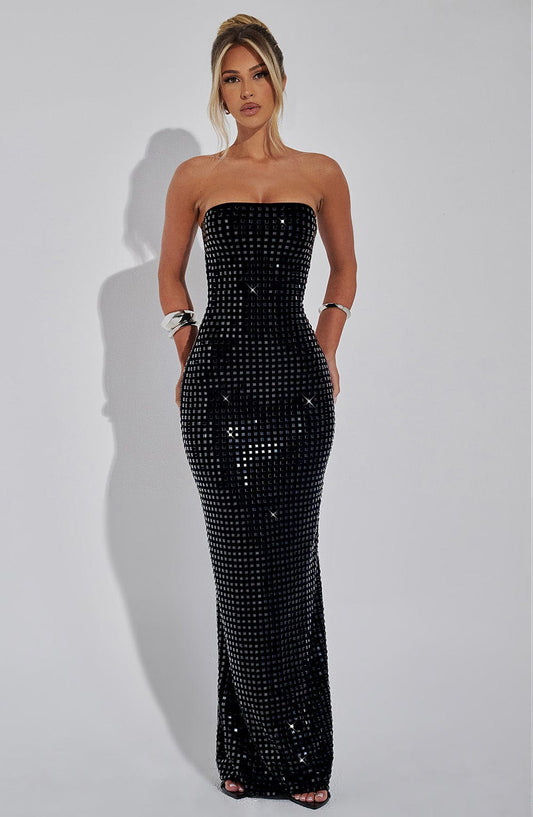 Vestido Maxi Negro Malla Pedrería Nerea