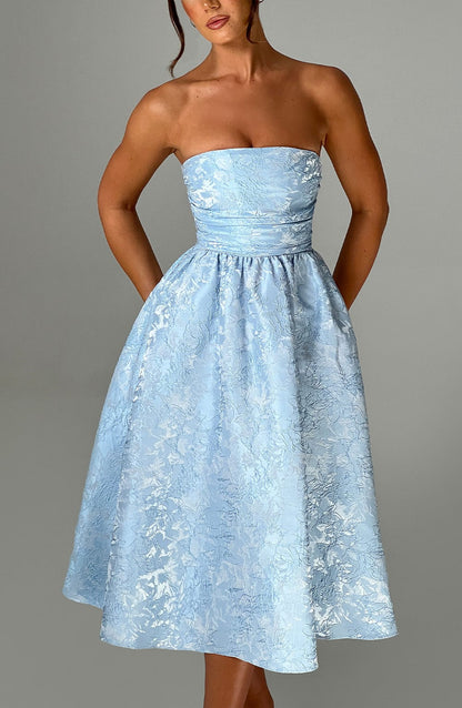 Vestido Midi Azul Jacquard Corsé Sara