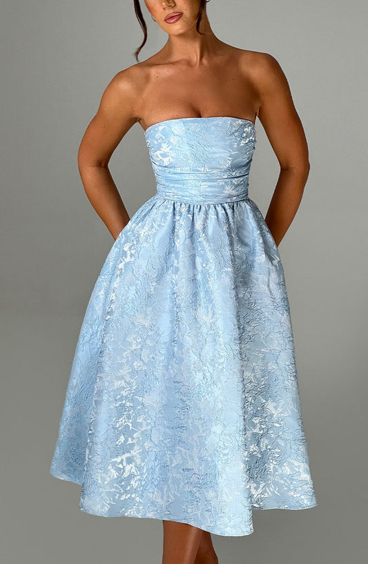 Vestido Midi Azul Jacquard Corsé Sara