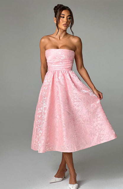 Vestido Midi Rosa Jacquard Corsé Sara