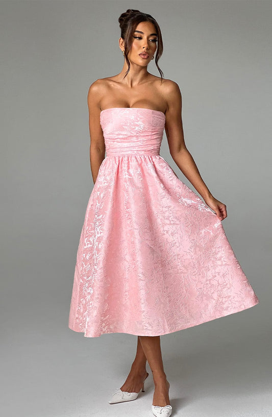 Vestido Midi Rosa Jacquard Corsé Sara