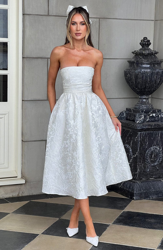 Vestido Midi Marfil Jacquard Corsé Sara