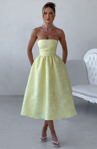 Vestido Midi Amarillo Jacquard Corsé Sara