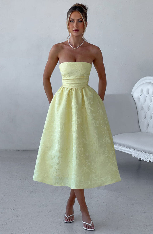 Vestido Midi Amarillo Jacquard Corsé Sara