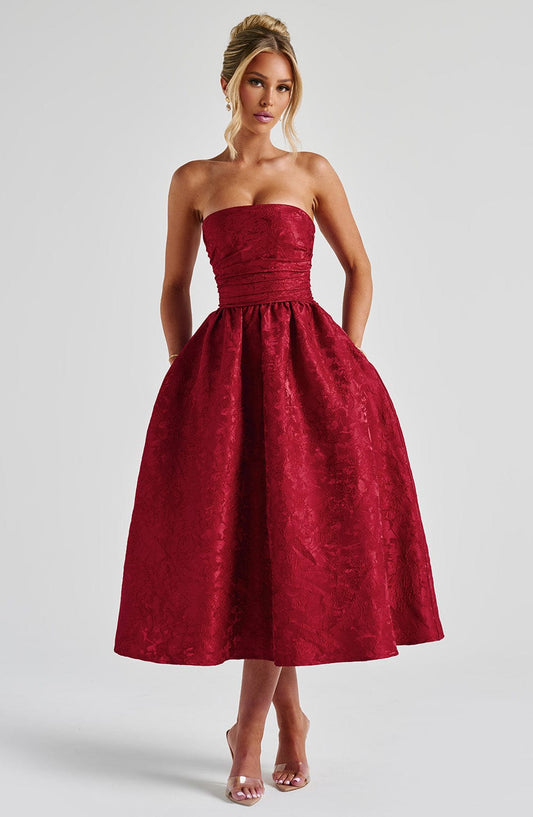 Vestido Midi Rojo Jacquard Corsé Sara