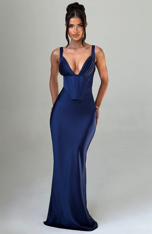 Vestido Maxi Azul Marino Satén Clara