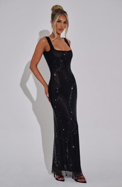 Vestido Maxi Negro Malla Pedrería Paola