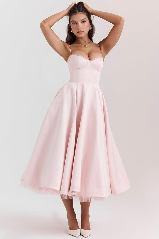 Vestido Midi Rosa Tul Escote Cintia