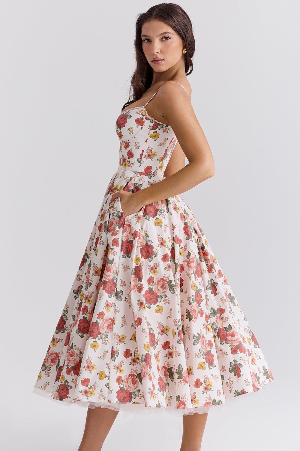 Vestido Midi Floral Rosas Cintia