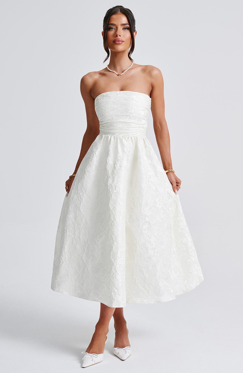 Vestido Midi Marfil Jacquard Corsé Sara